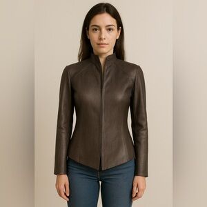 DONCASTER Leather Jacket Women’s Size 8 Bronze High-neck Long Sleeve Rib Texture